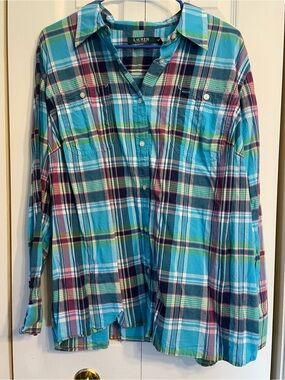 Lauren Ralph Lauren Turquoise Navy Green Plaid Shirt - Denim Label